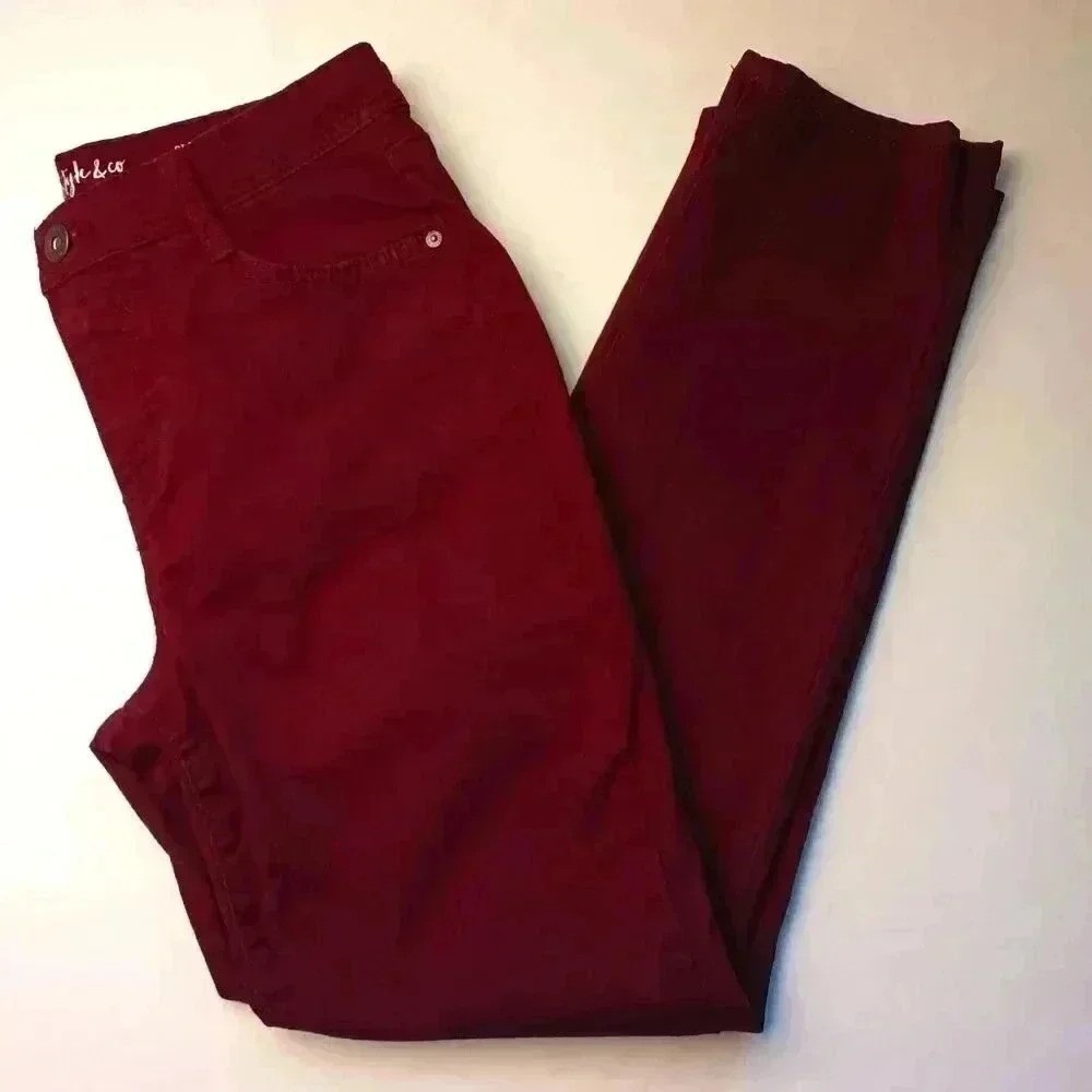 Style & Co Women Slim Leg Jeans Burgundy 6P Petite Mid Rise Cotton Stretch